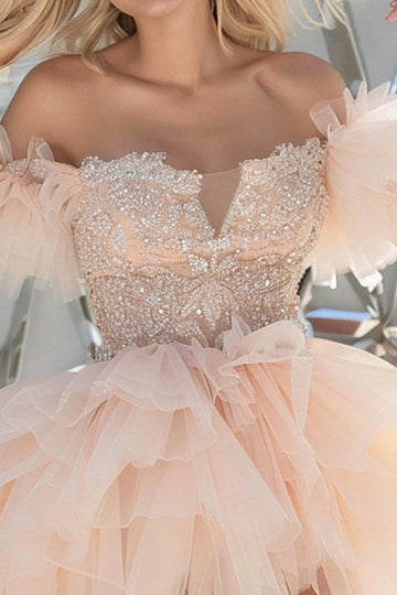 Off The Shoulder Pink Tiered Homecoming Dress with Appliques